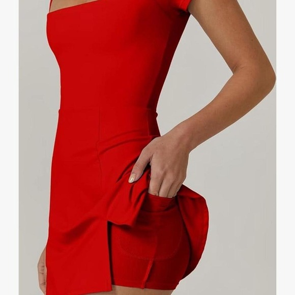 Qinsen Small Square Neck Angled Sleeve Athletic Dress Built in Shorts/Pocket Red - Picture 5 of 7